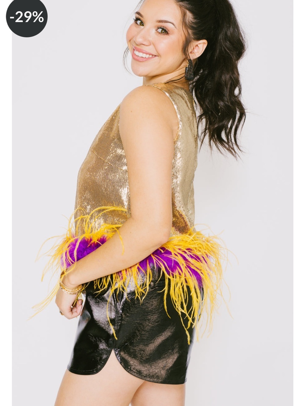Comely Queen Of Sparkles: Sequin Feather Tank Gold Game Day Mardi Gras size L - Picture 5 of 9